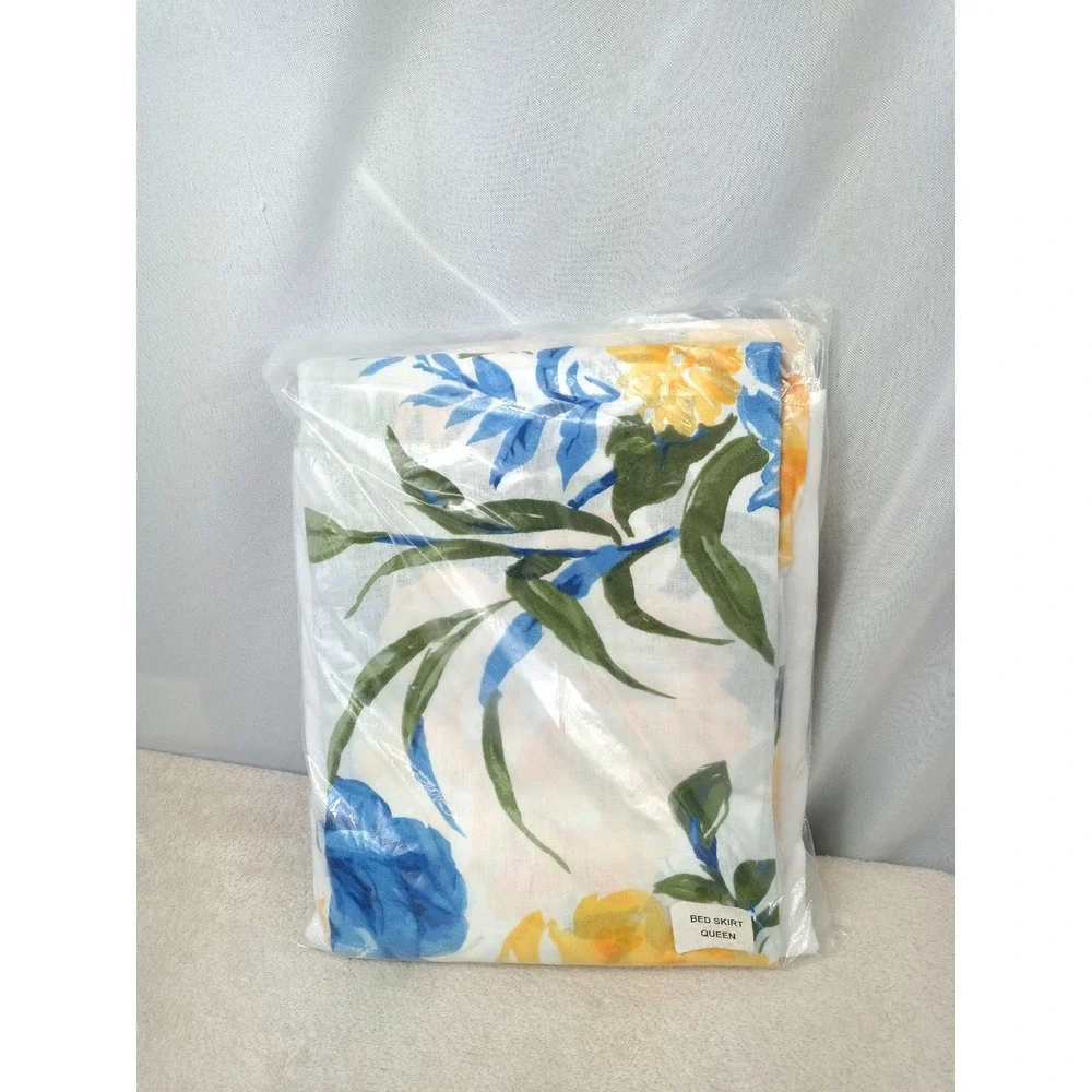 Floral Queen Bed Skirt Blue Yellow White Vintage Cottagecore Grandmacore Valance